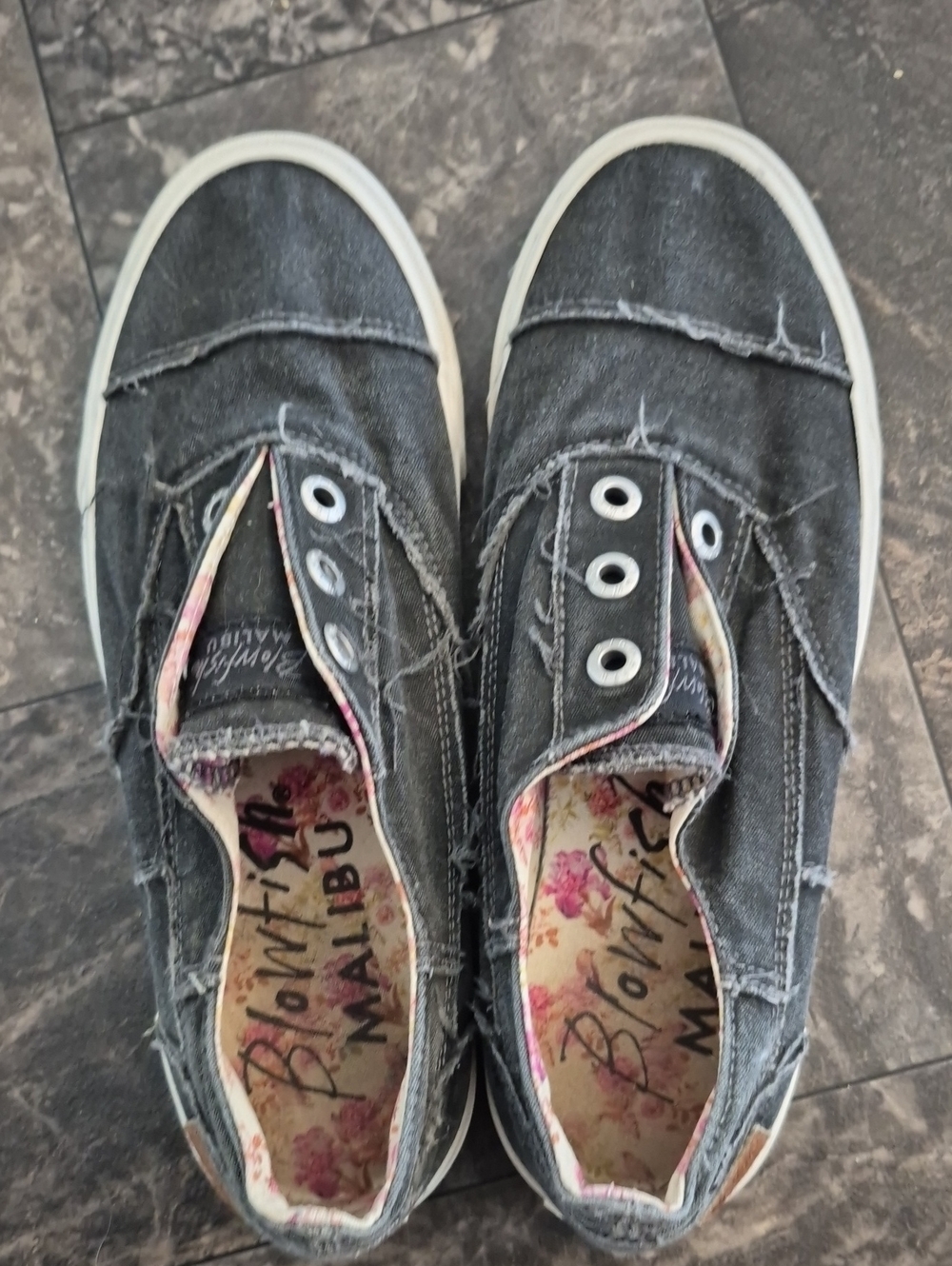Blowfish Black Canvas Slip-On Sneakers with Floral Insole Accents